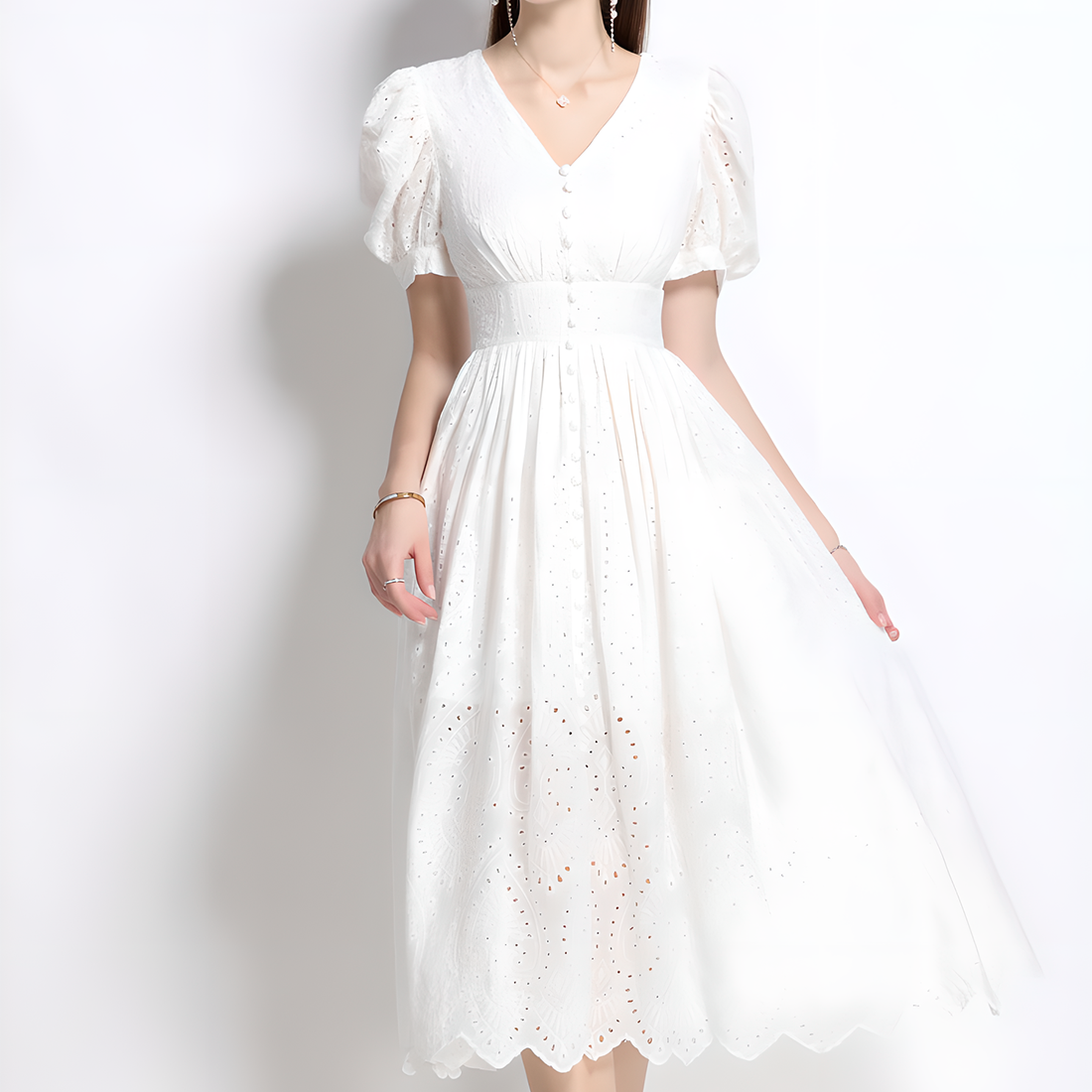 Casual White Lace Dress with Puff Sleeves