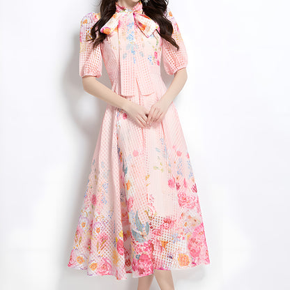 Royal-Inspired Floral Print Dress with Bow Tie