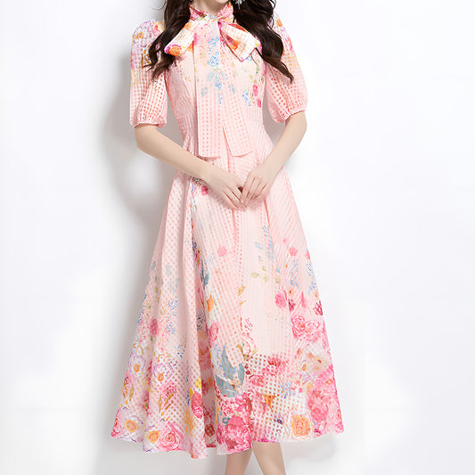 Royal-Inspired Floral Print Dress with Bow Tie