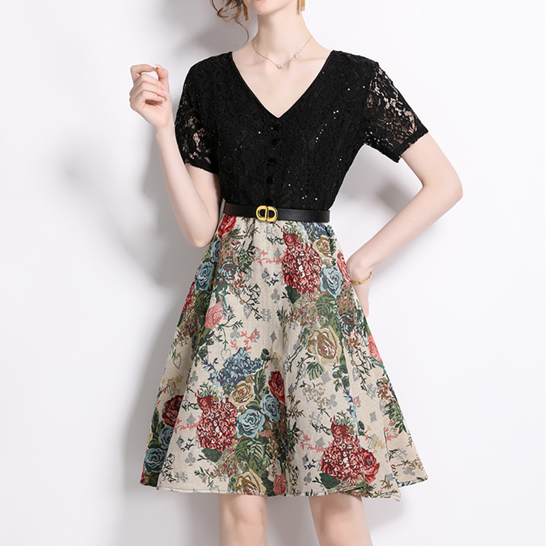 Elegant Black Lace & Floral Print A-Line Dress