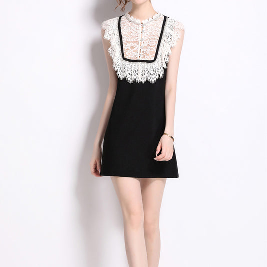 Chic Lace-Trimmed Dress with Sleek Silhouette