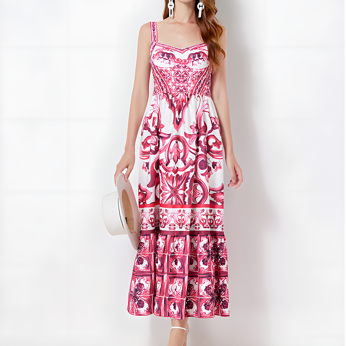 Charming Floral Printed Inspired Spaghetti Strap Midi Dress