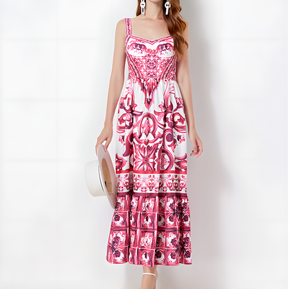 Charming Floral Printed Inspired Spaghetti Strap Midi Dress