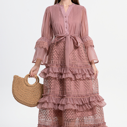 French Vintage Lace Patchwork Bell Sleeve Dress