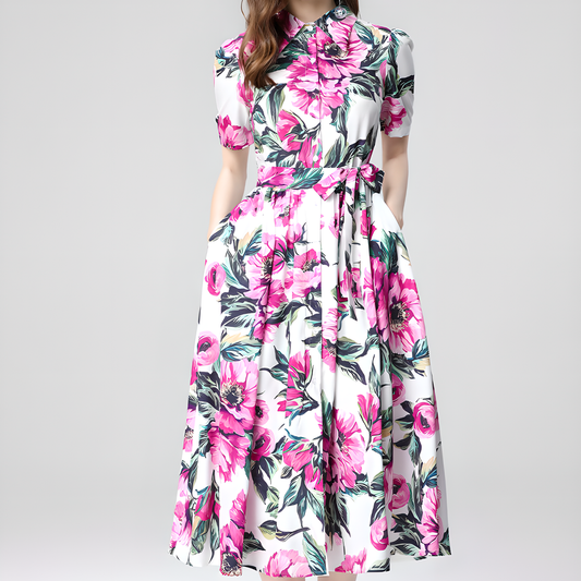 Floral Print High-Waist Flared Midi Dress