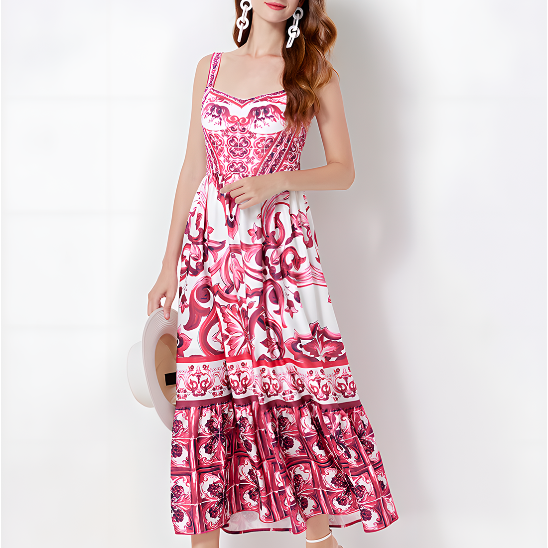 Charming Floral Printed Inspired Spaghetti Strap Midi Dress