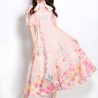 Royal-Inspired Floral Print Dress with Bow Tie