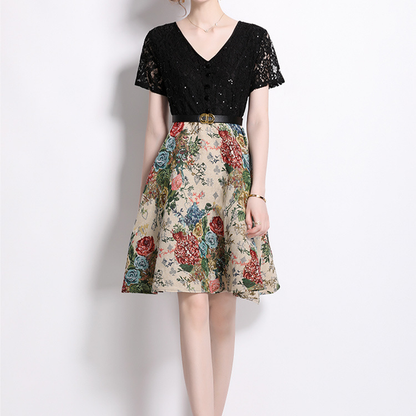 Elegant Black Lace & Floral Print A-Line Dress