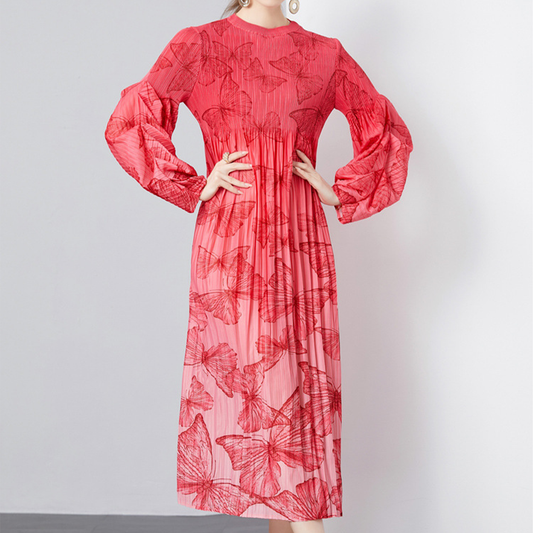 Elegant Long Sleeve Loose Slimming Pleated Dress