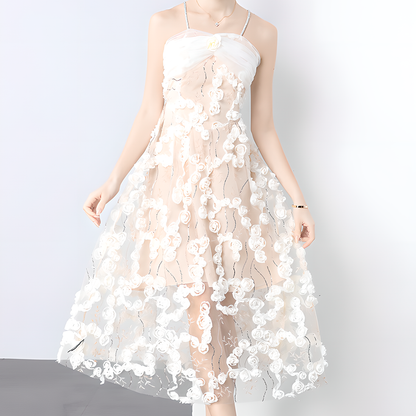 Stereoscopic Flower Mesh Slip Dress