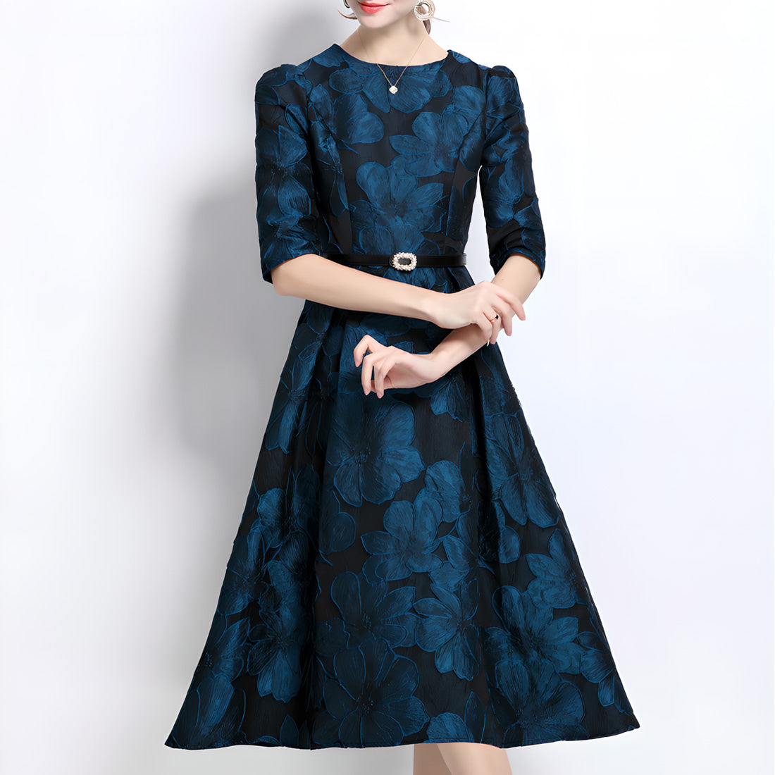 French Floral Jacquard Dress with Waist-Cinching Design