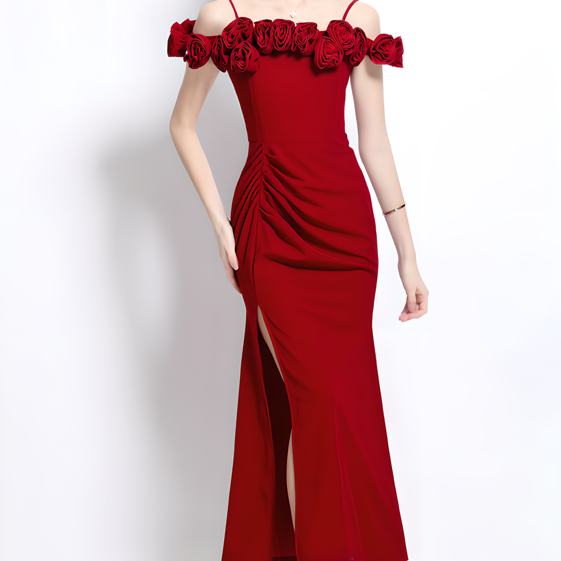 Elegant Red Off-the-Shoulder Floral Dress