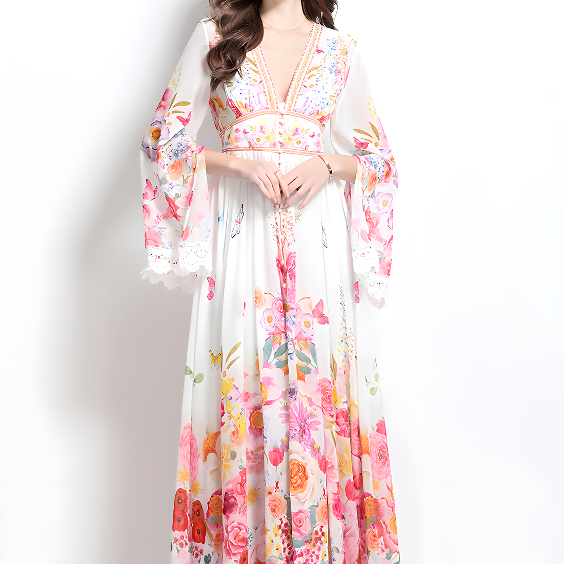 Floral Print Midi Dress with V-Neck and Flared Sleeves