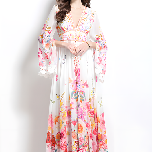 Floral Print Midi Dress with V-Neck and Flared Sleeves
