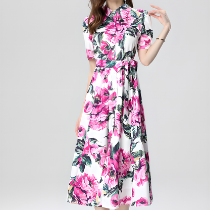 Floral Print High-Waist Flared Midi Dress