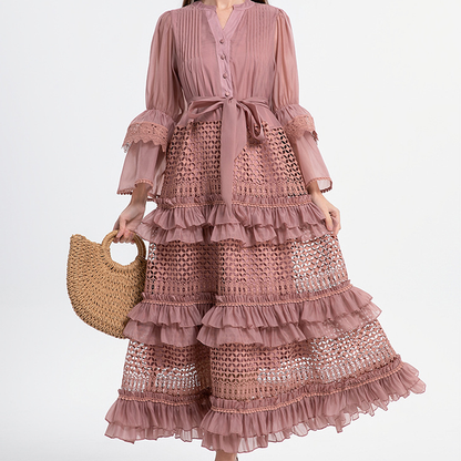 French Vintage Lace Patchwork Bell Sleeve Dress