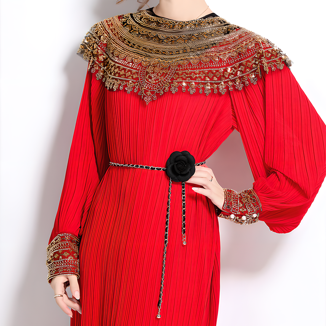 High-End Sequined Gown with Lantern Sleeves