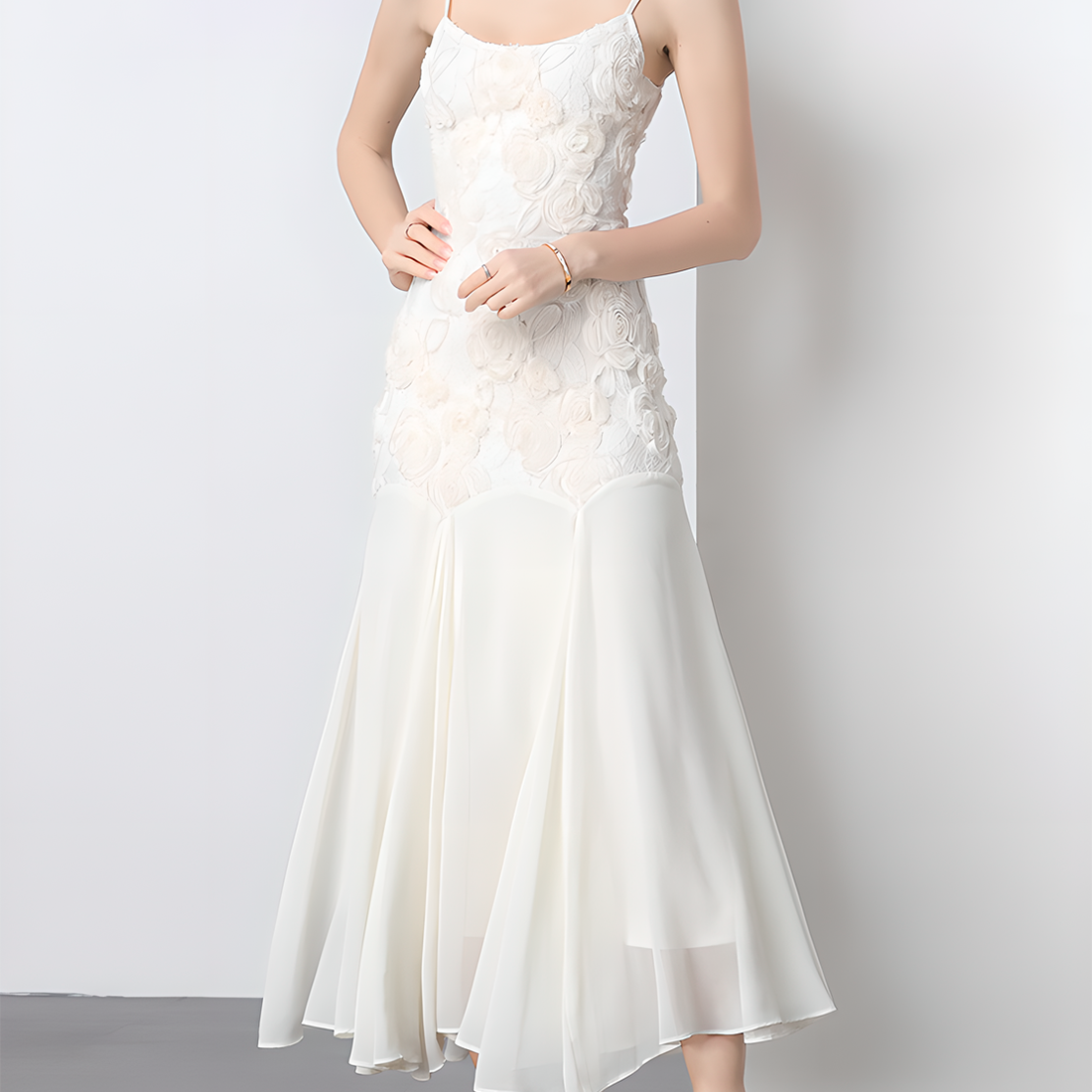 Embroidered Rose Strap Fish Tail Maxi Dress