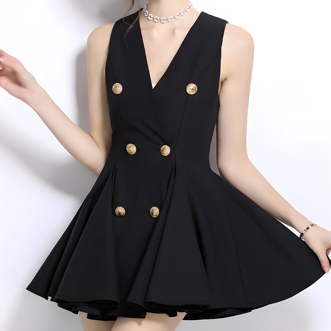 Luxury V-Neck Sleeveless Dress with Gold Buttons