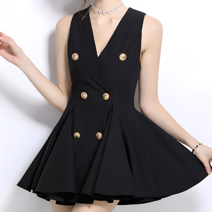Luxury V-Neck Sleeveless Dress with Gold Buttons