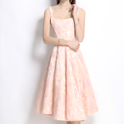 French Square Neckline Dress With Floral Pattern