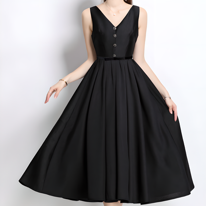 High-Waisted V-Neck Dress with Button Details