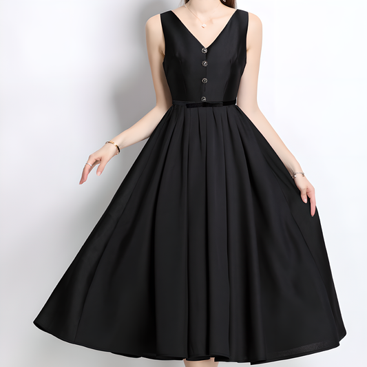 High-Waisted V-Neck Dress with Button Details