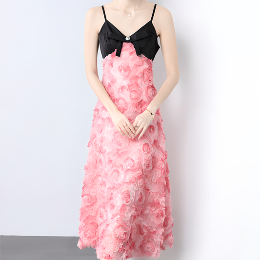 Black Bow Top with Pink Rose Pattern Dress