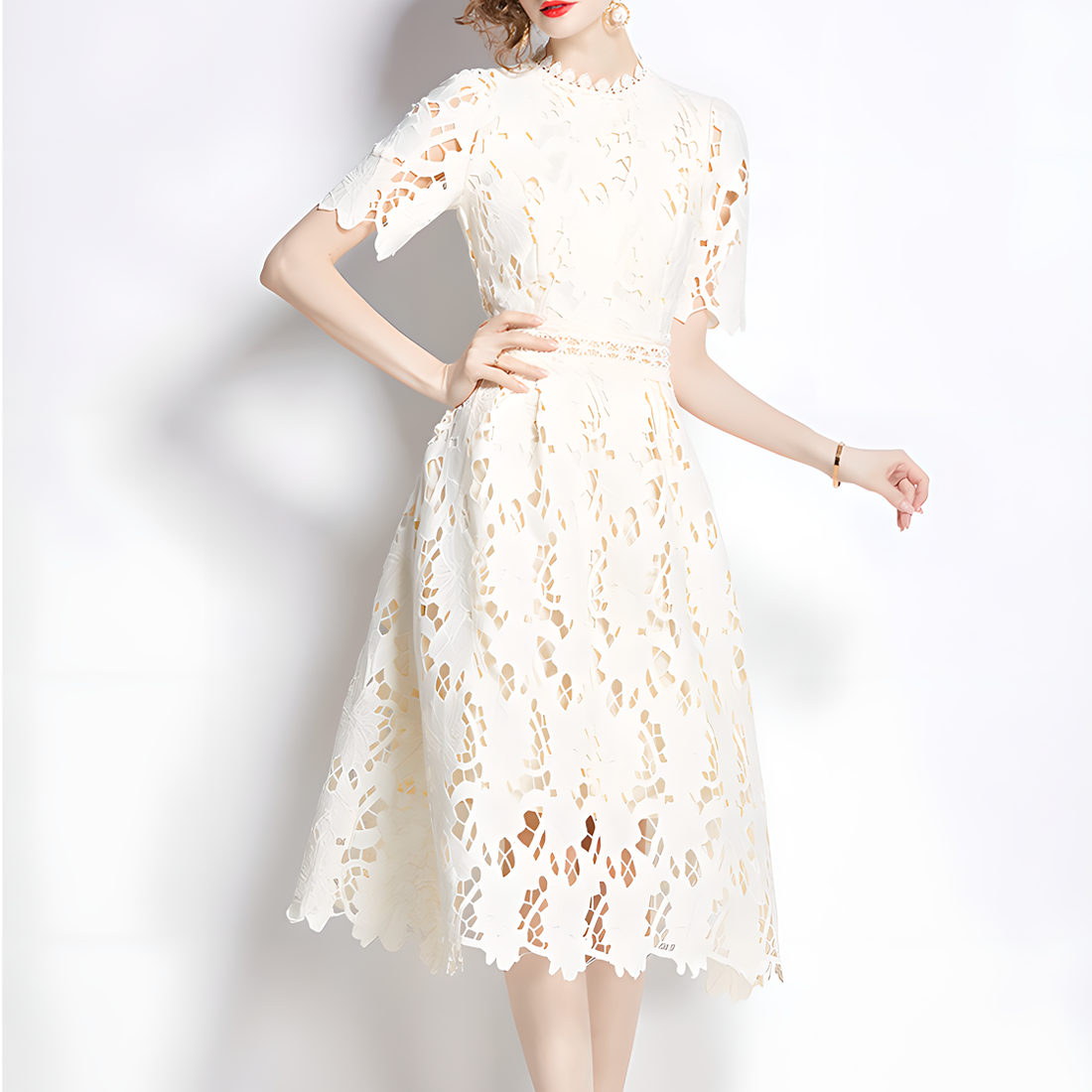 Beige Luxury Lace Dress with Short Sleeves