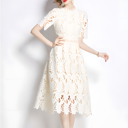 Beige Luxury Lace Dress with Short Sleeves