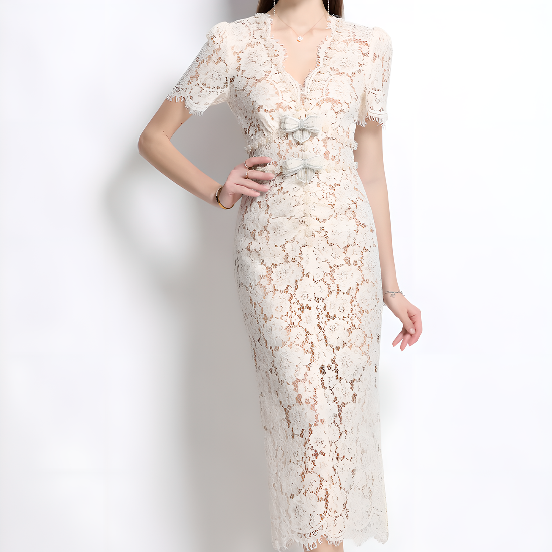 Rhinestone Bow Lace Sheath Dress