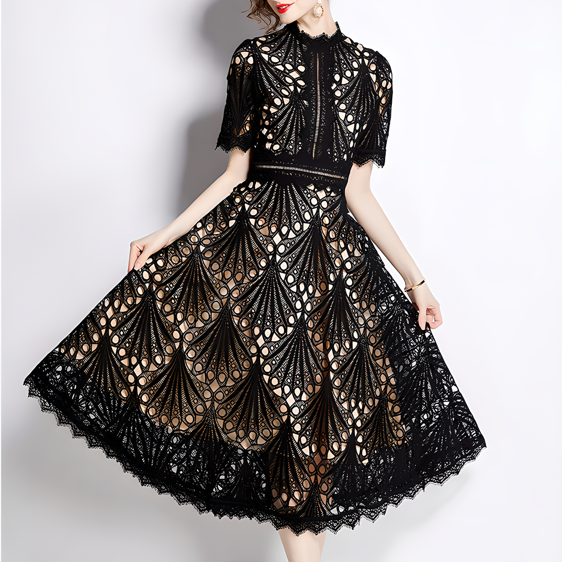 French Lace Dress with Fan-Shaped Patterns