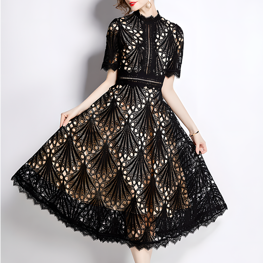 French Lace Dress with Fan-Shaped Patterns