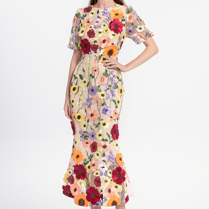 Floral Embroidered Lantern Sleeve Dress