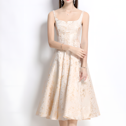 French Square Neckline Dress With Gold Floral Pattern