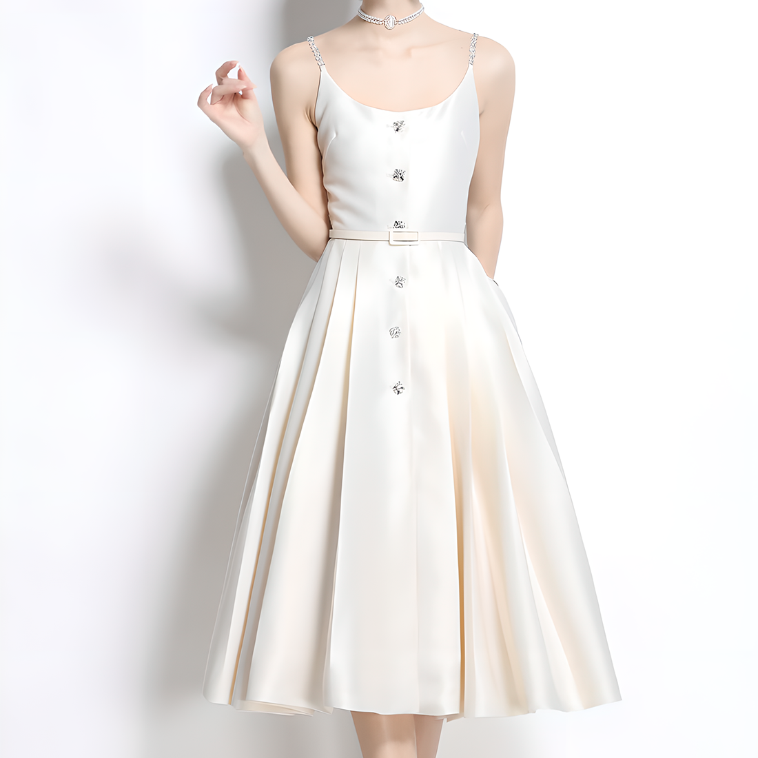 Luxury Midi Dress with Crystal-Embellished Straps