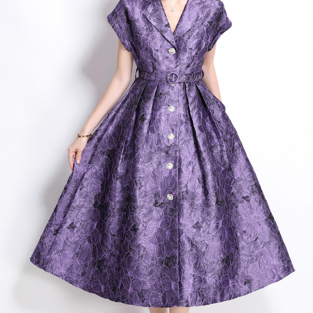 Elegant Floral Jacquard Dress with Belt