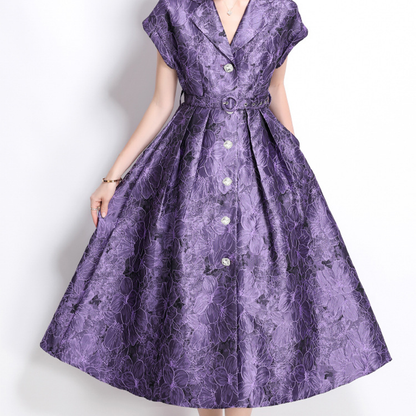 Elegant Floral Jacquard Dress with Belt