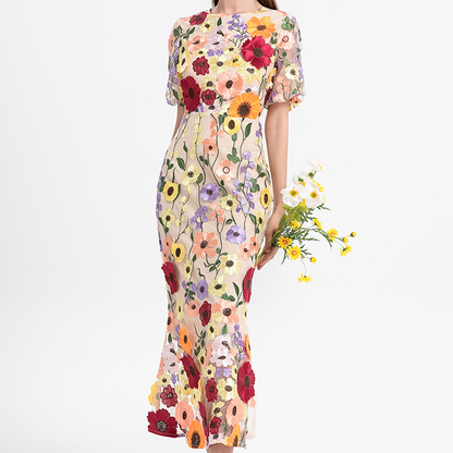 Floral Embroidered Lantern Sleeve Dress