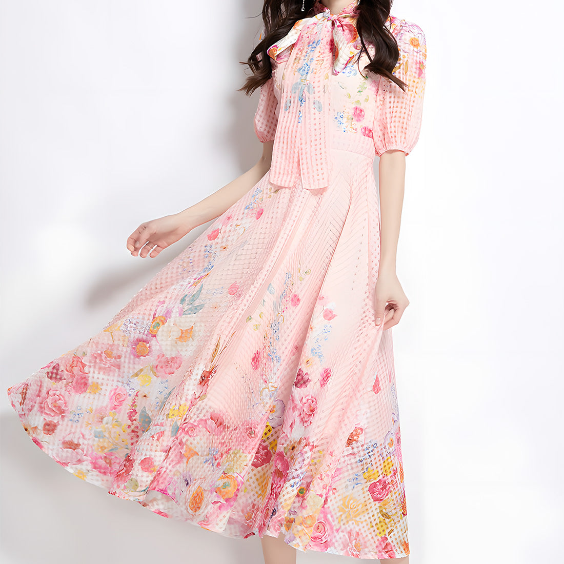 Royal-Inspired Floral Print Dress with Bow Tie