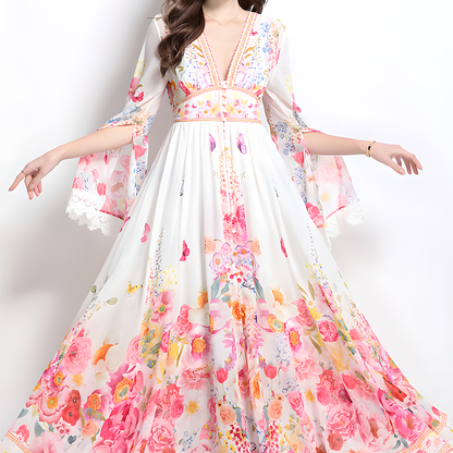 Floral Print Midi Dress with V-Neck and Flared Sleeves