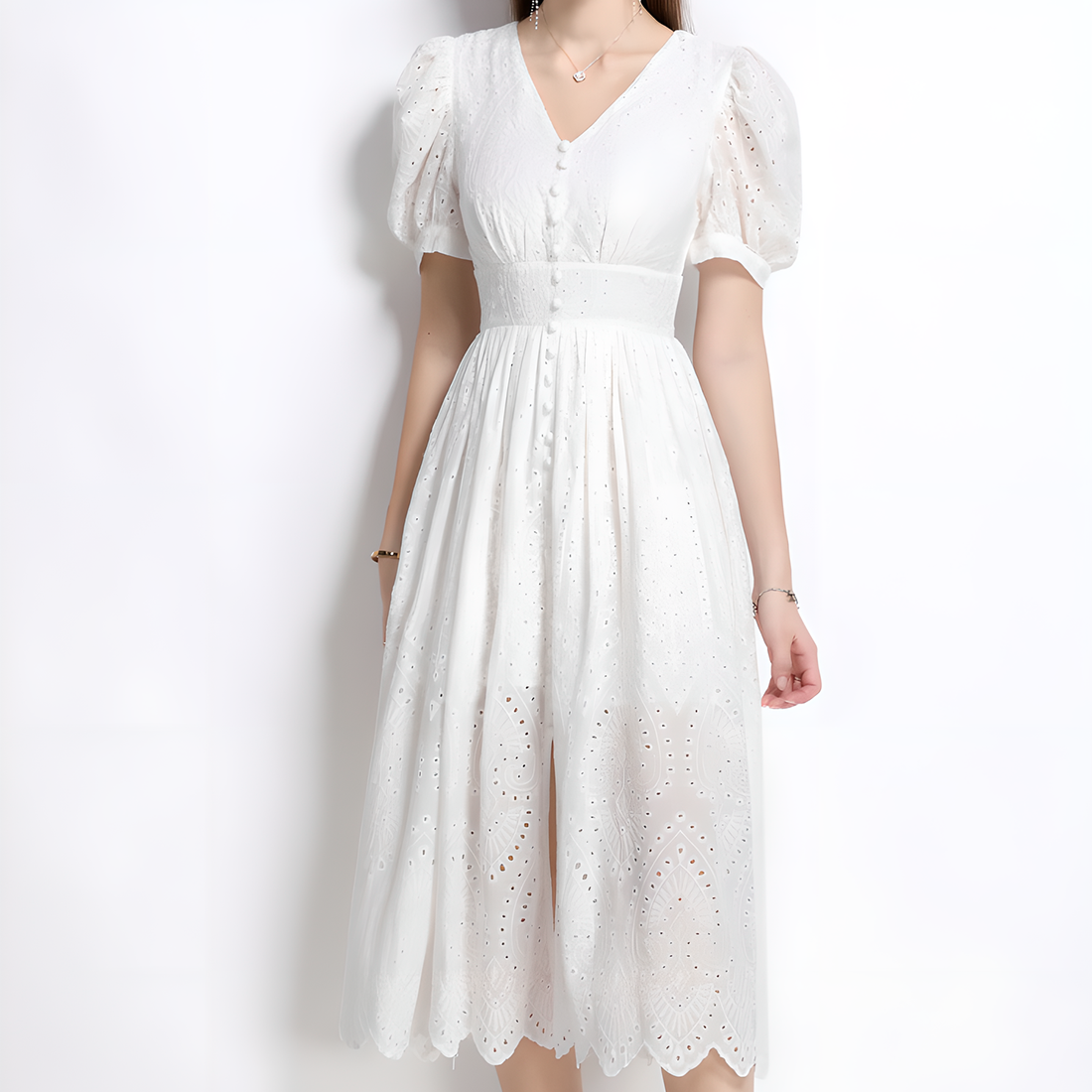 Casual White Lace Dress with Puff Sleeves