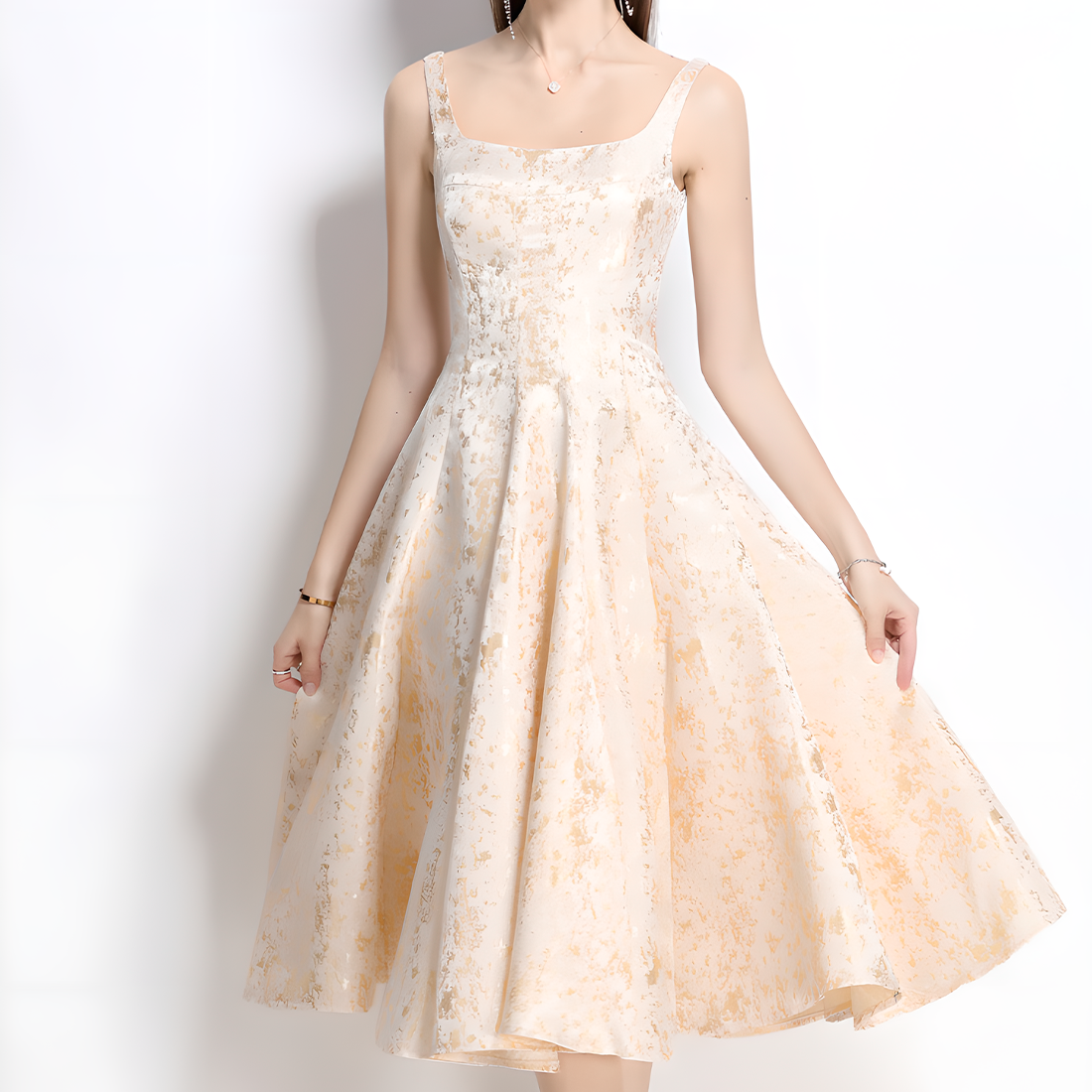 French Square Neckline Dress With Gold Floral Pattern
