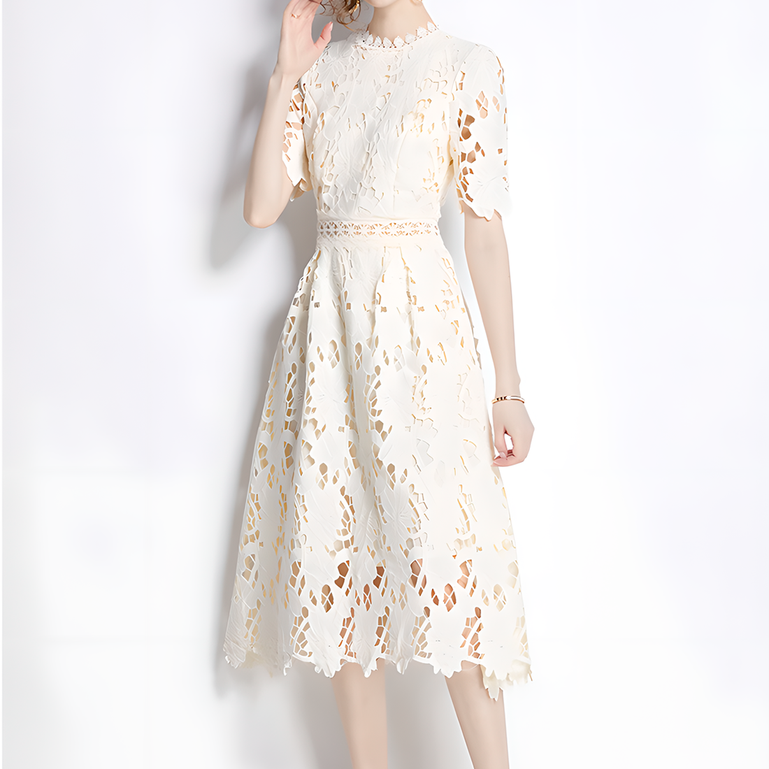 Beige Luxury Lace Dress with Short Sleeves