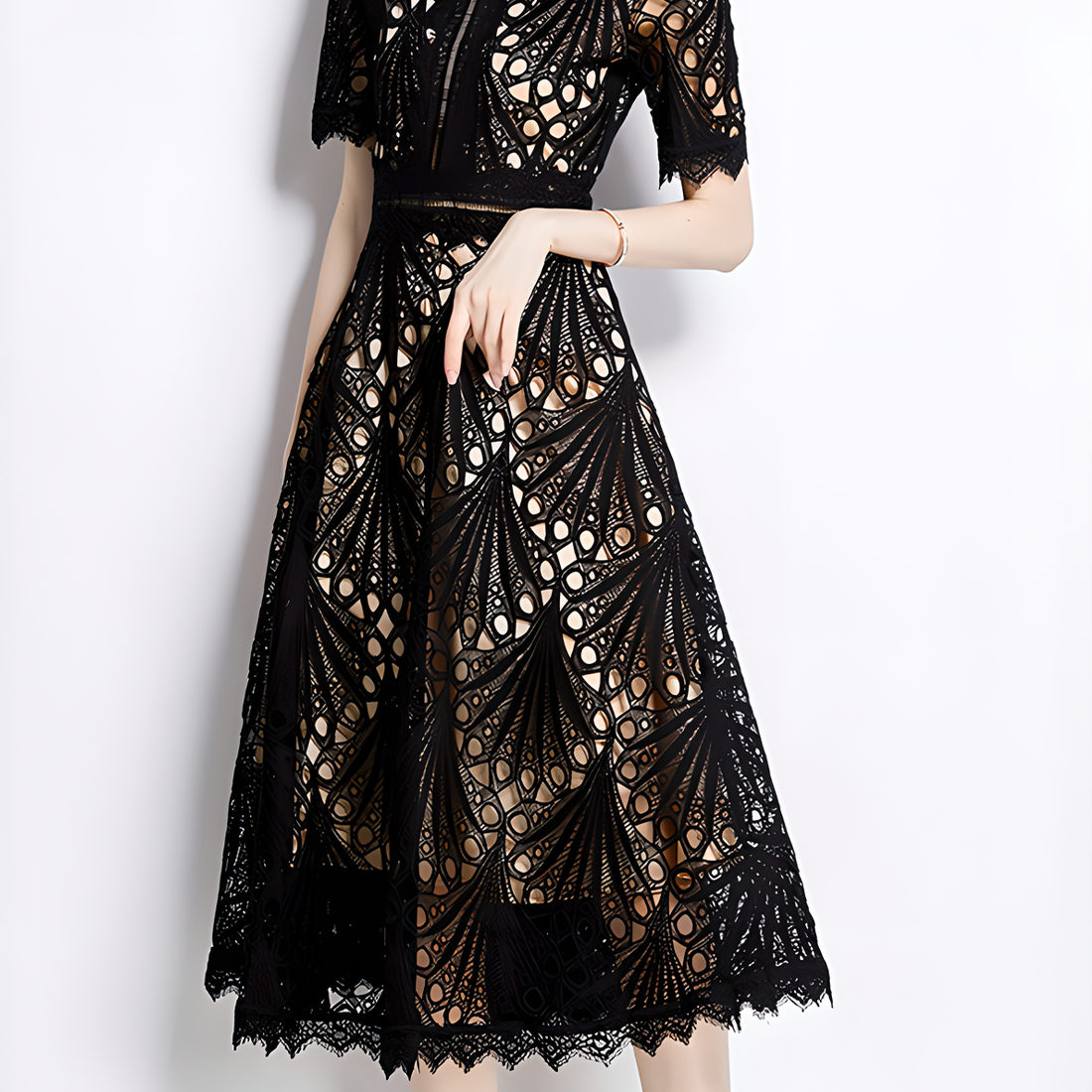 French Lace Dress with Fan-Shaped Patterns