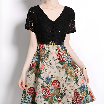 Elegant Black Lace & Floral Print A-Line Dress