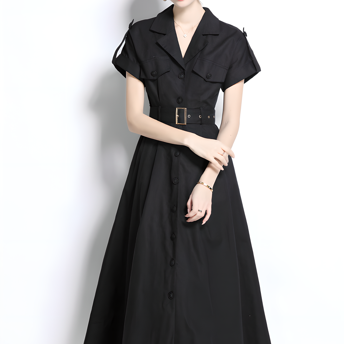 Black Short-Sleeve Shirt Dress with Belt