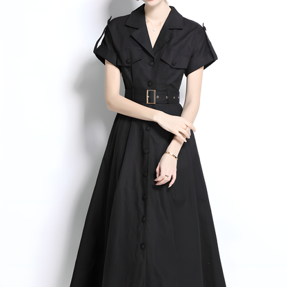 Black Short-Sleeve Shirt Dress with Belt