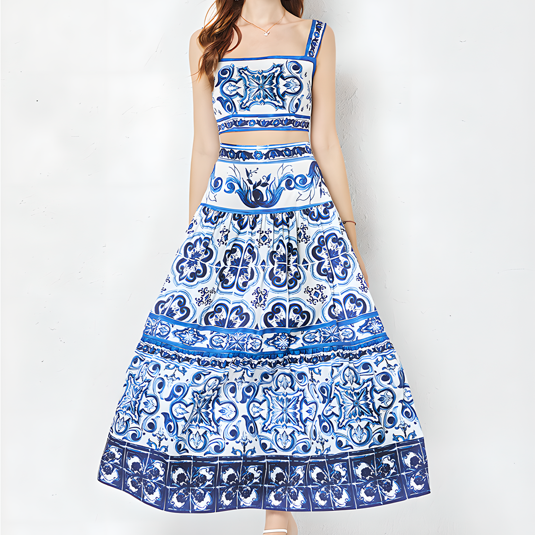 Blue and White Porcelain Print Two-Piece Set
