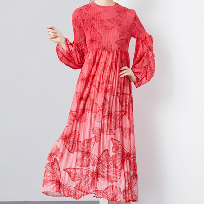 Elegant Long Sleeve Loose Slimming Pleated Dress
